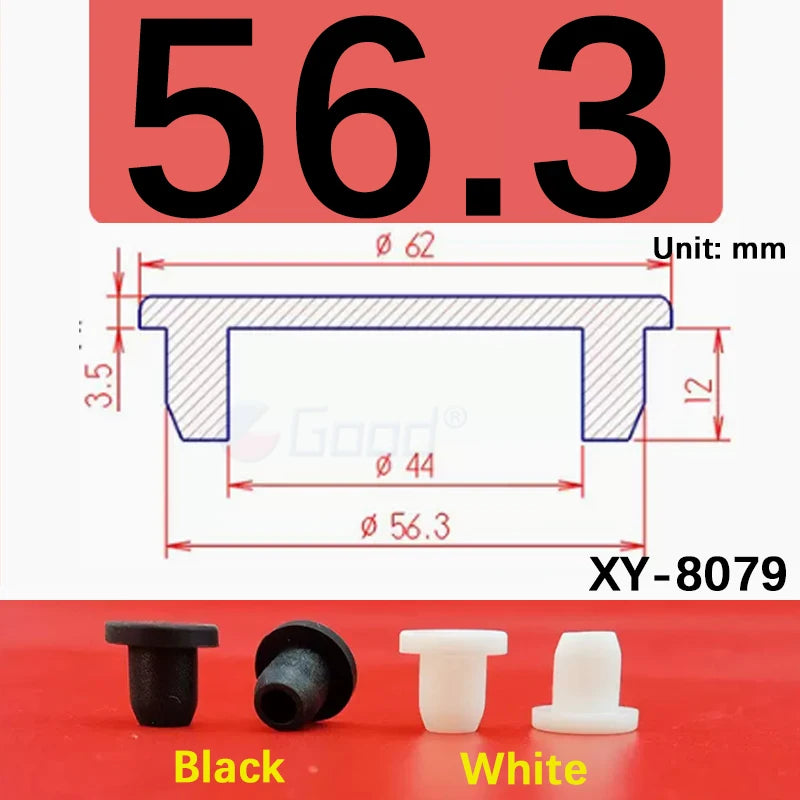 Black and white silicone rubber hole plugs shown next to a dimensioned component.