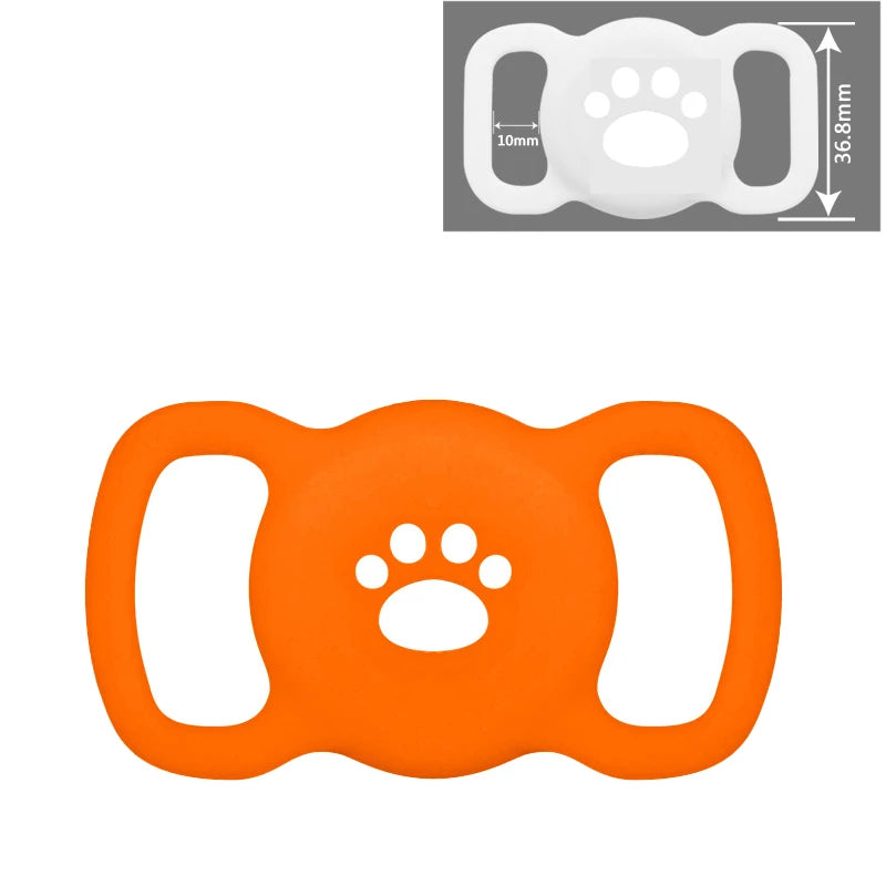 Orangefarbiger Silikon-AirTag-Halter mit Pfotenabdruck und Ösen für Tierhalsbänder