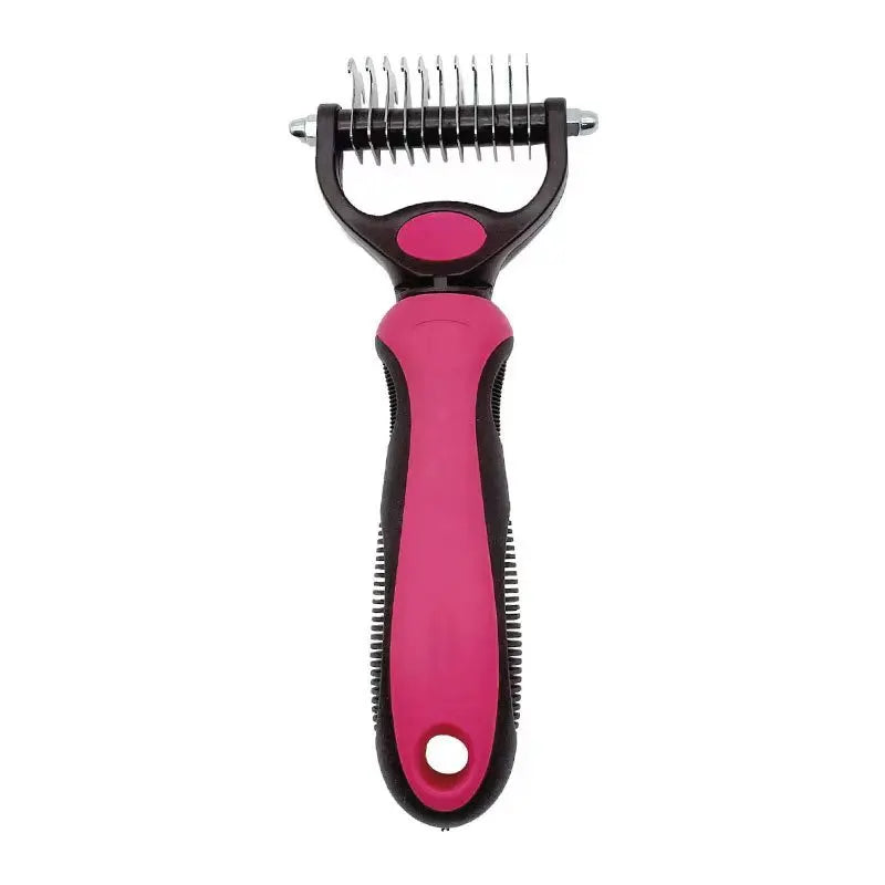 A pink and black professional pet deshedding brush for dogs and cats.