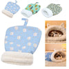 A cozy plush sleeping bag for cats and dogs with a tunnel hideaway in blue and green patterns.