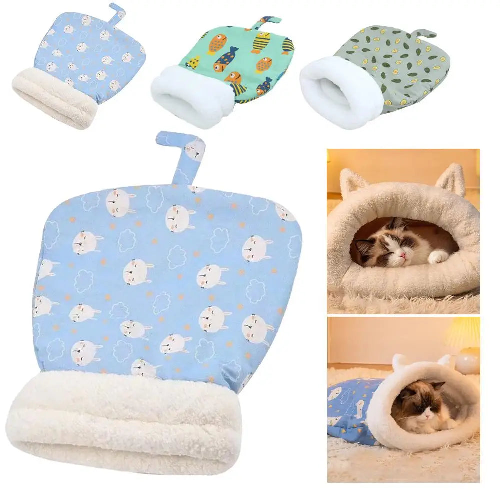 A cozy plush sleeping bag for cats and dogs with a tunnel hideaway in blue and green patterns.