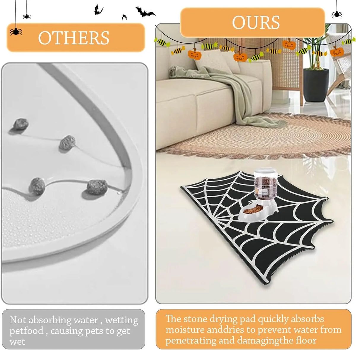 Halloween pet feeding mat with a black spider web design for dry cleaning and preventing water damage to floors