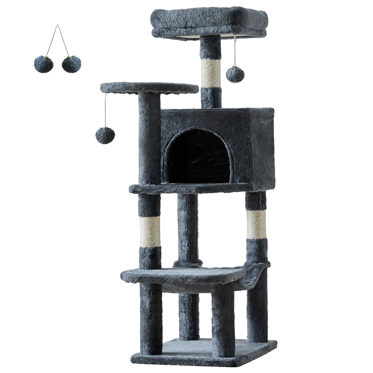 Tour d'escalade à plusieurs niveaux pour chat, avec une surface texturée gris foncé et des balles suspendues.