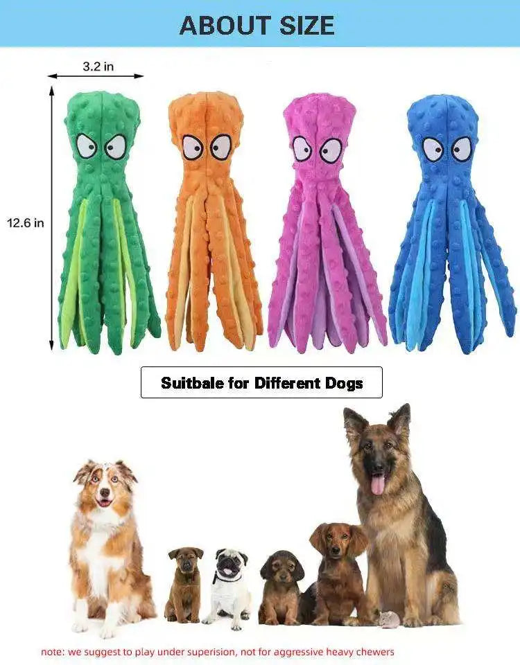 A set of plush dog toys shaped like octopuses in various colors and sizes.