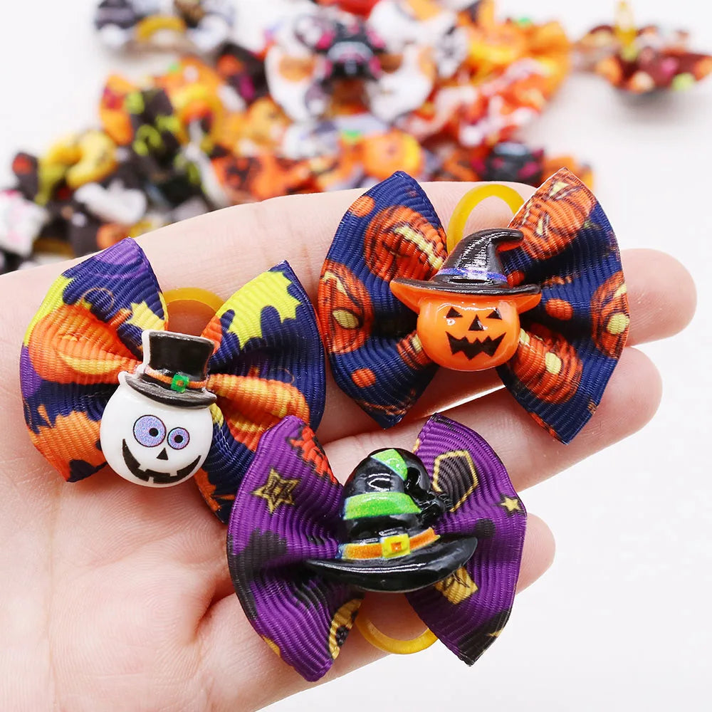 Halloween Pumpkin Print Dog Hair Bows with Rubber Bands