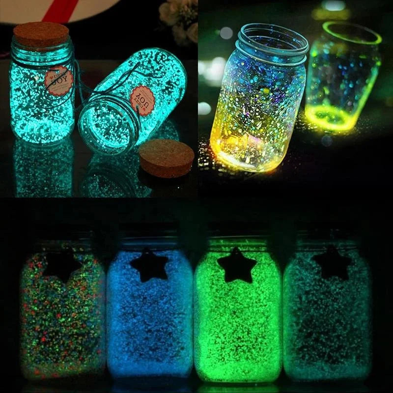 Various glass jars filled with glow-in-the-dark decorative pebbles showing different colors and light effects