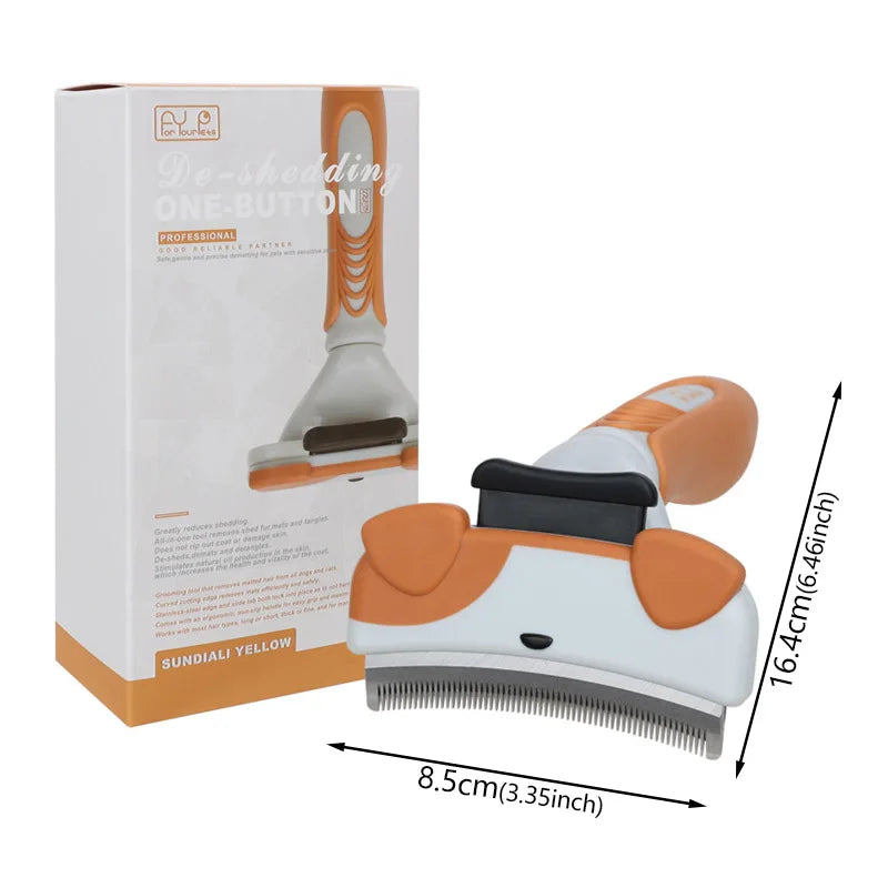 A white pet thinning comb with an orange handle and teeth is shown next to its packaging.
