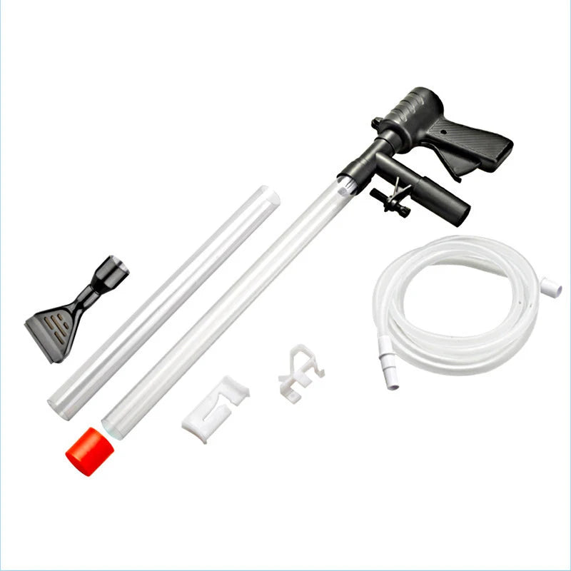A manual aquarium water change pump and gravel cleaner with a long tube and hose.