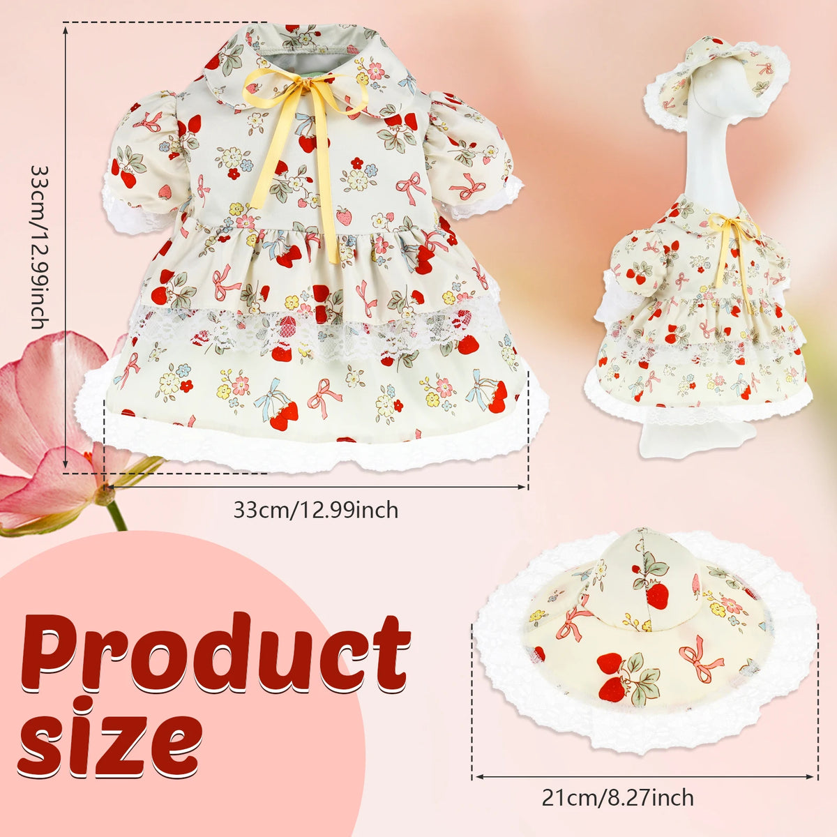 A white and red floral outfit for a porch goose decoration, shown flat and assembled.