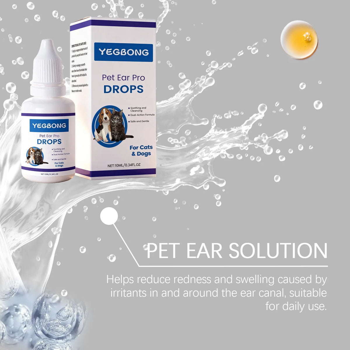 Yegbong Pet Ear Drops bottle with box showing natural pet ear cleaning solution for dogs and cats