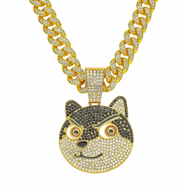 Gold iced out letter and animal pendant Cuban link chain necklace