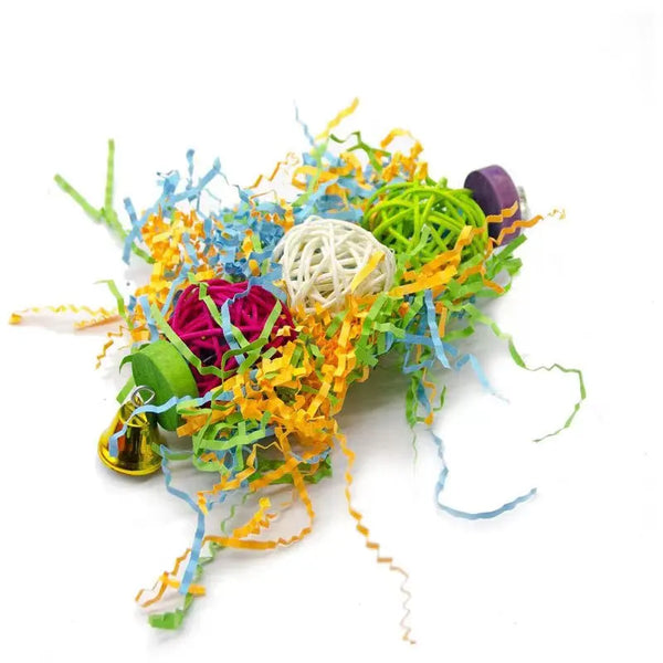 A colorful parrot foraging and chew toy set made of shredded orange, blue, green, and purple fibers.
