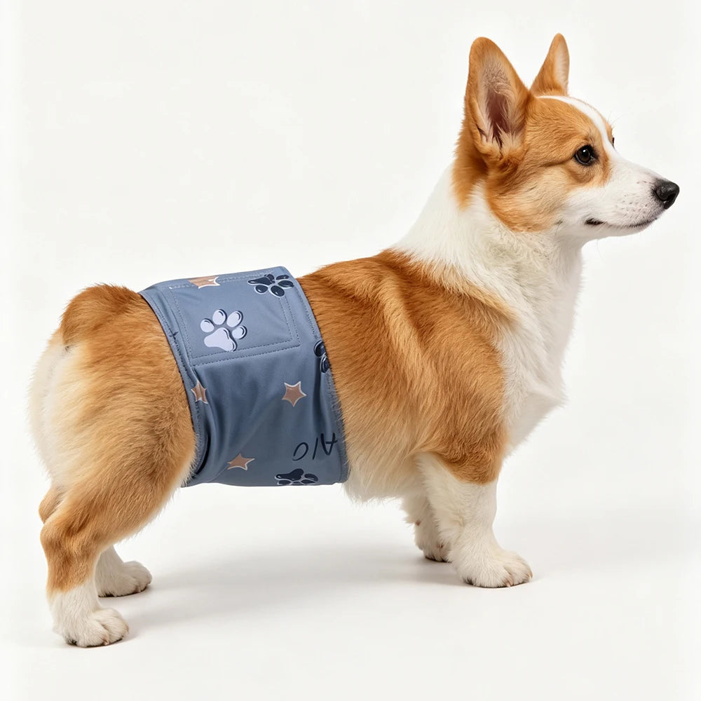 A fluffy orange and white Shiba Inu dog wearing a blue reusable belly band for training.