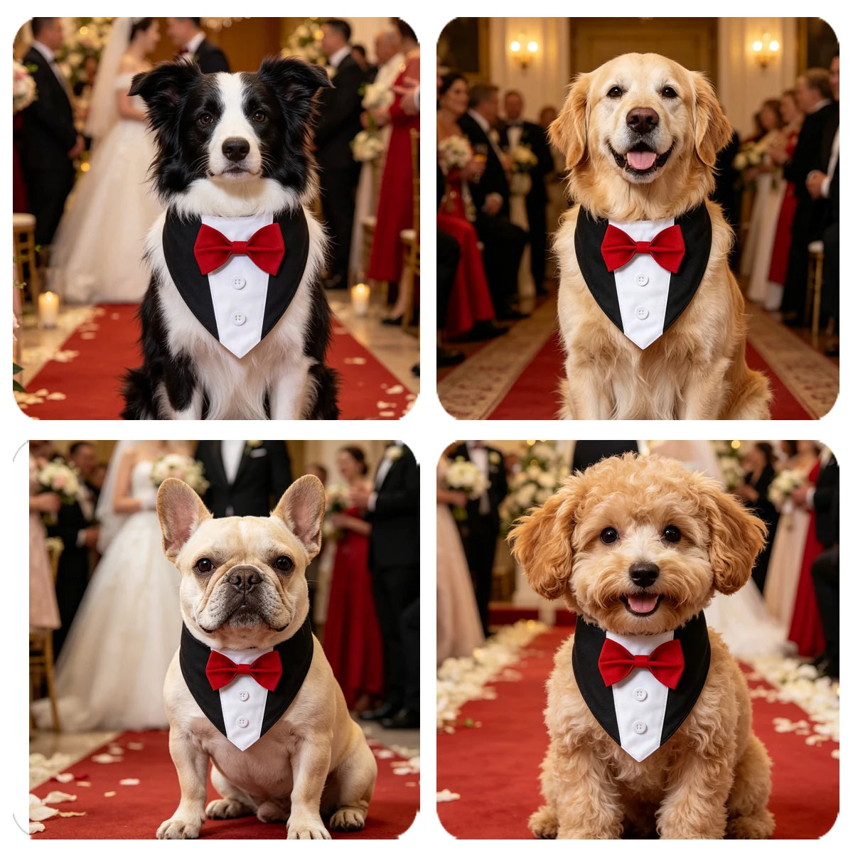 A collection of four dogs wearing elegant black and red tuxedo-style bowties or bandana accessories for parties.