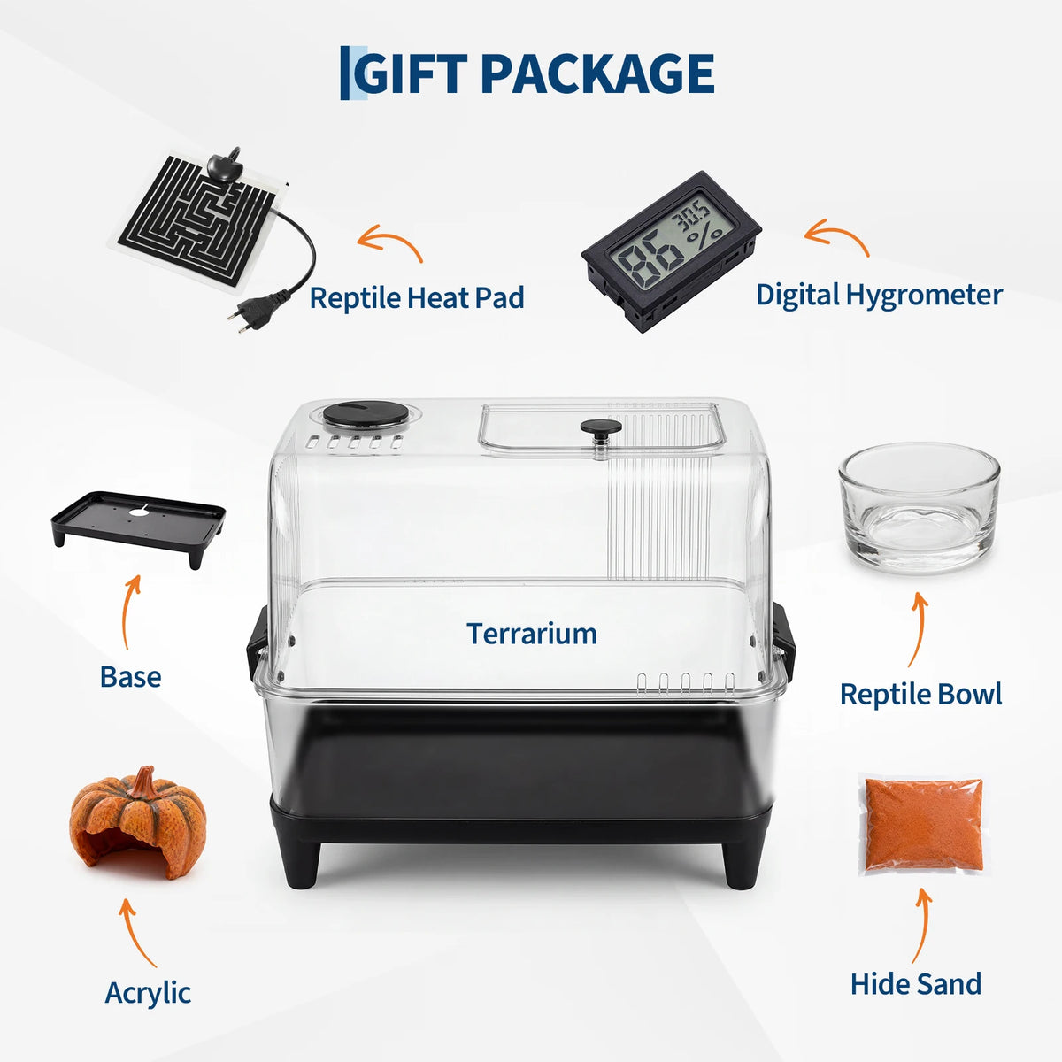 Gift package showing a terrarium setup including a base, reptile bowl, digital hygrometer, heat pad, acrylic, and hide sand.