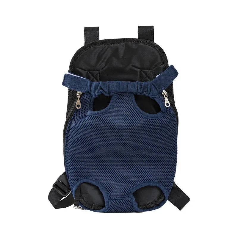 Sac à dos pour animaux bleu marine respirant avec doublure noire et sangles réglables.