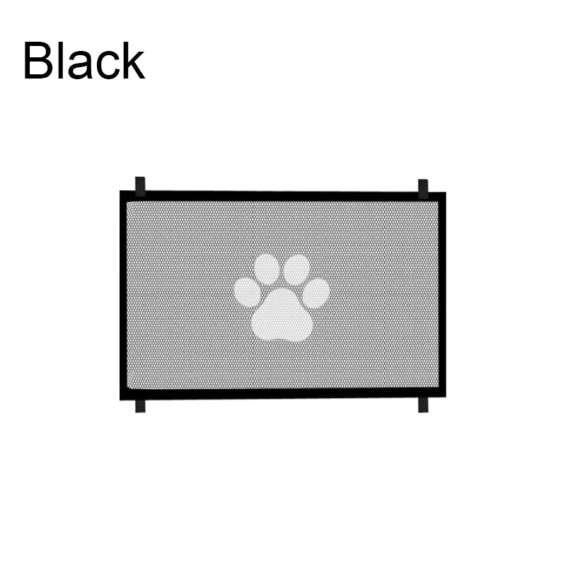 A black portable folding pet safety gate with a paw print design on the breathable mesh.