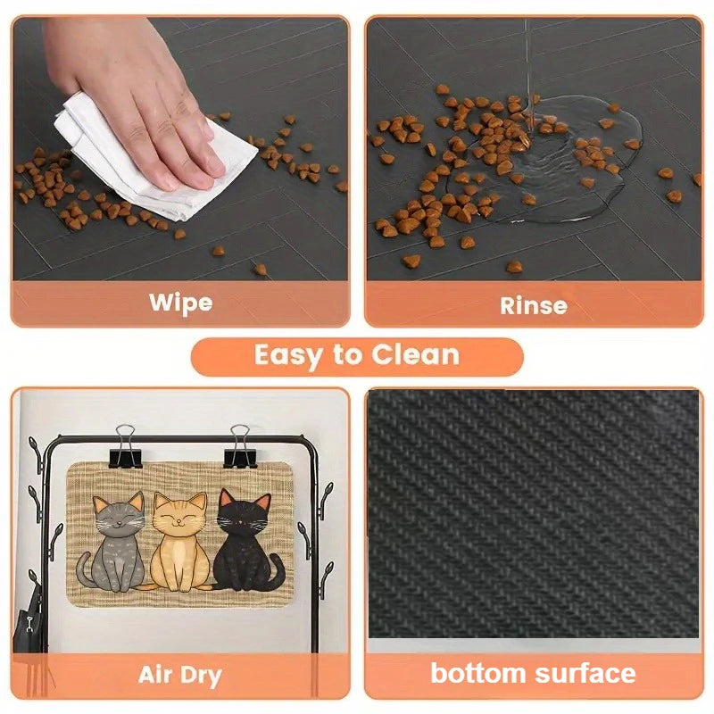 A pet feeding mat with a cat pattern shows steps for cleaning and drying, including wiping, rinsing, air drying, and the bott