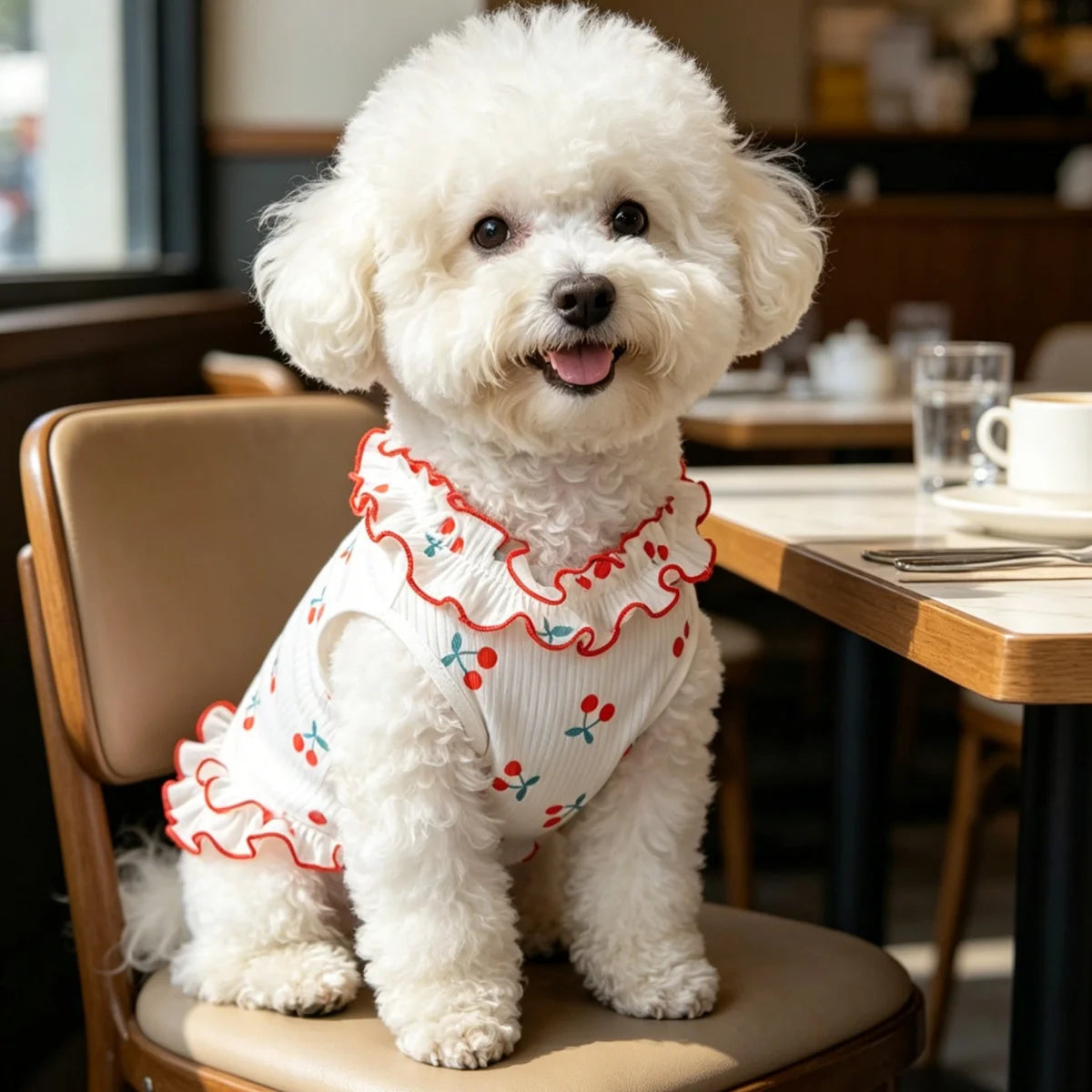 Ein flauschiger weißer Hund in einem Kirsch-Rüschen-Pettdress auf einem Holzstuhl.