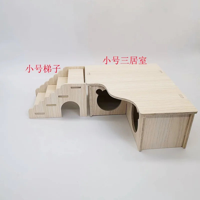 A wooden multi-room maze playhouse designed for hamsters, featuring arched entrances and multiple levels.