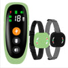 A black dog training collar with a green remote and battery indicator lights.