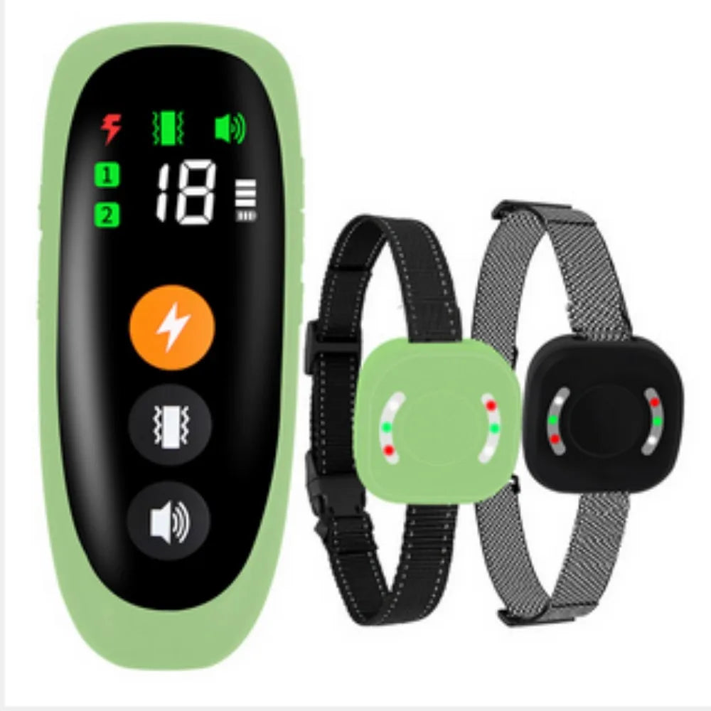 A black dog training collar with a green remote and battery indicator lights.