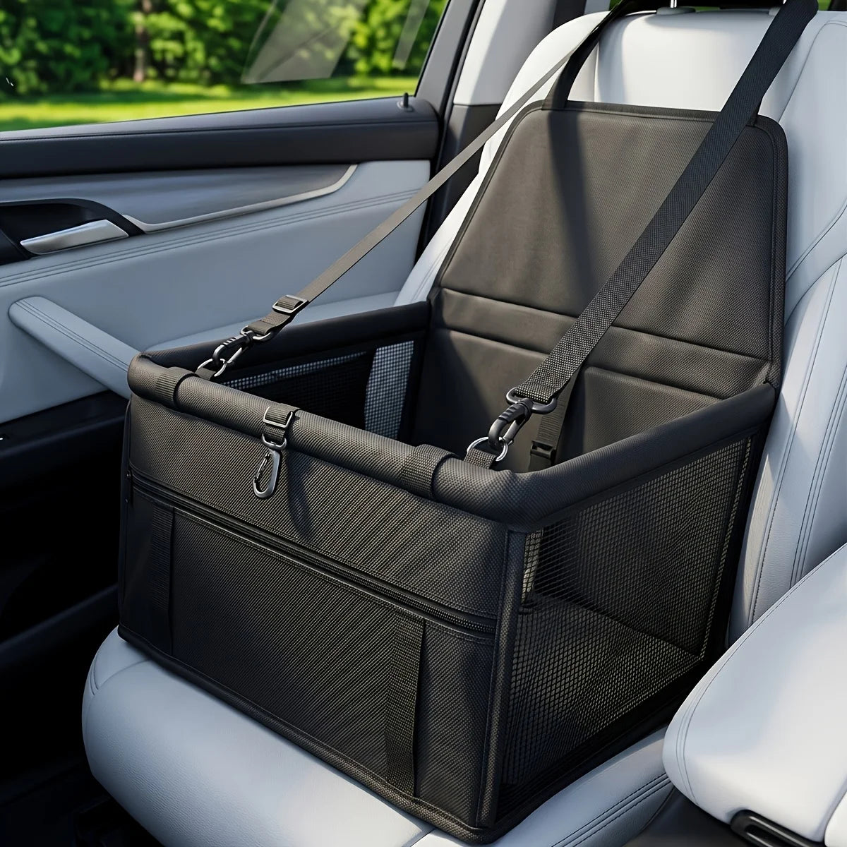 A black portable dog car seat travel carrier with adjustable safety straps is shown in a vehicle interior.