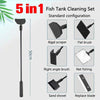Kit de nettoyage pour aquarium 5 en 1 avec raclette, brosse plate, brosse en angle, filet de pêche et pelle à sable.