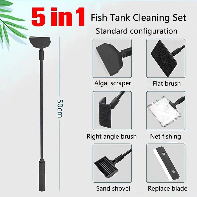 Kit de nettoyage pour aquarium 5 en 1 avec raclette, brosse plate, brosse en angle, filet de pêche et pelle à sable.