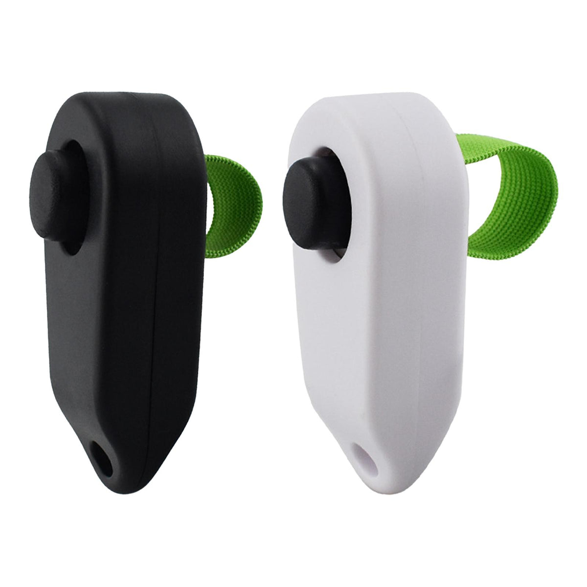 Un cliquet portable noir et un cliquet portable blanc avec sangle verte.