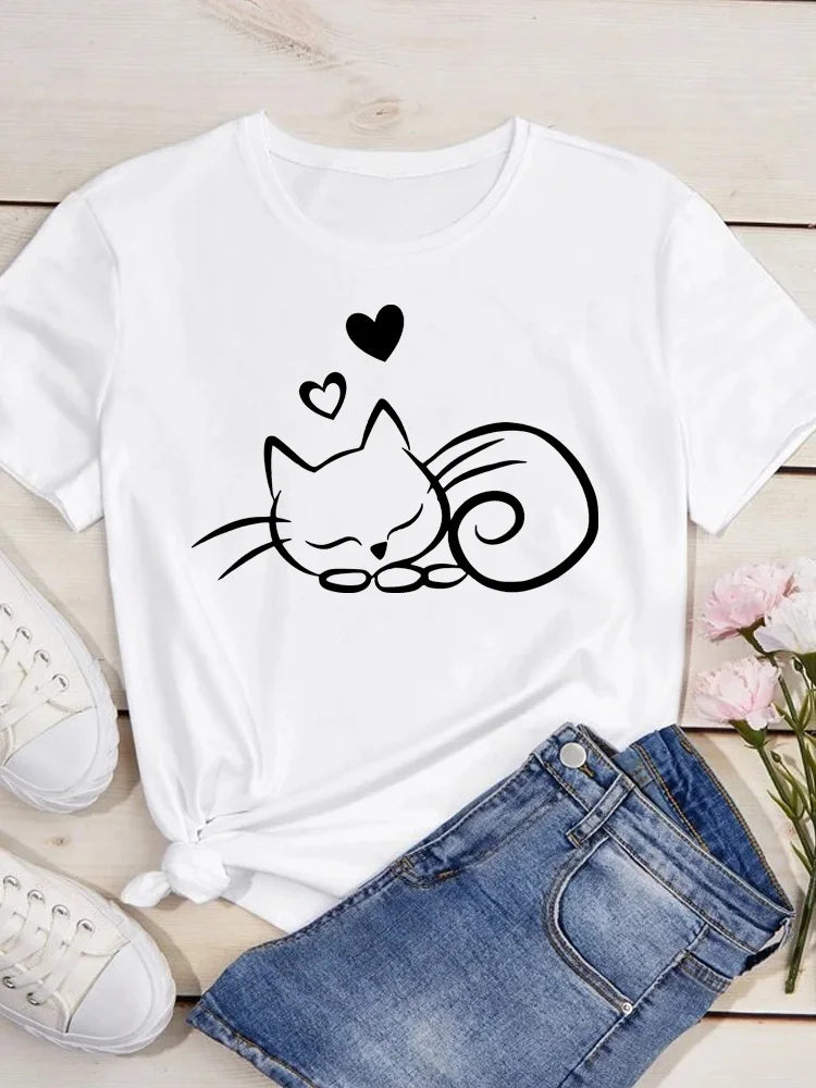 Women Kawaii Cats Print Summer Cartoon T Shirt