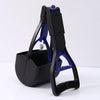 A black and blue foldable pet poop scooper with a handle and container is shown against a white background.