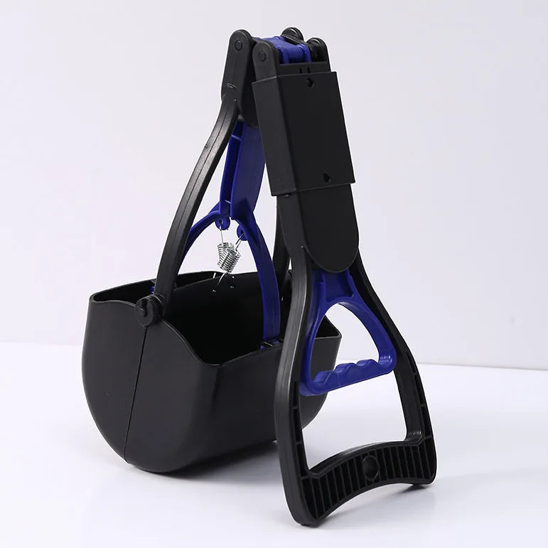 A black and blue foldable pet poop scooper with a handle and container is shown against a white background.