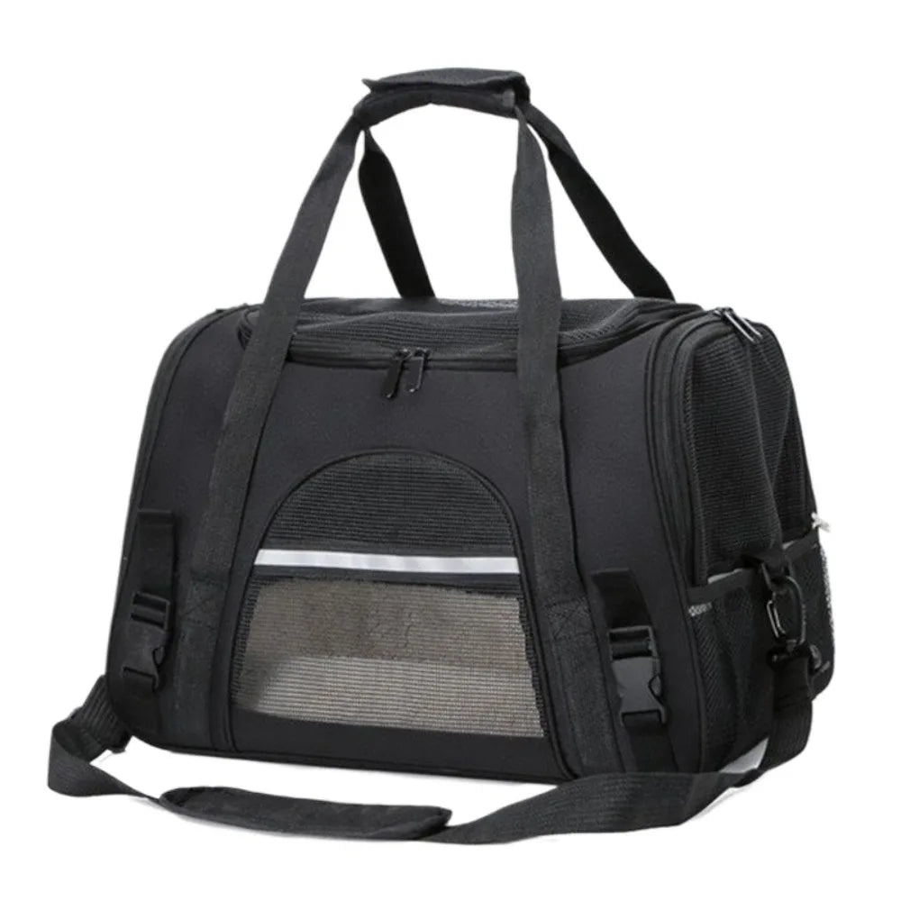 Black foldable pet travel carrier bag with a breathable mesh window.