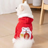 A white dog plush costume with a red jumpsuit and a cartoon cat face design.