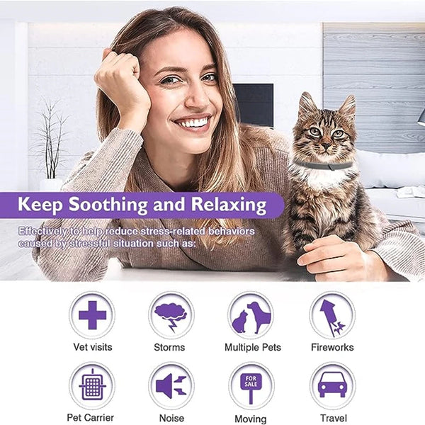 A woman is shown soothing a cat with a pet pheromone calming collar for pets.