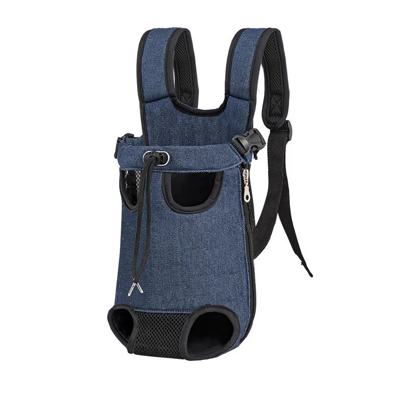 A dark blue outdoor camouflage dog carrier backpack with straps and a mesh opening.