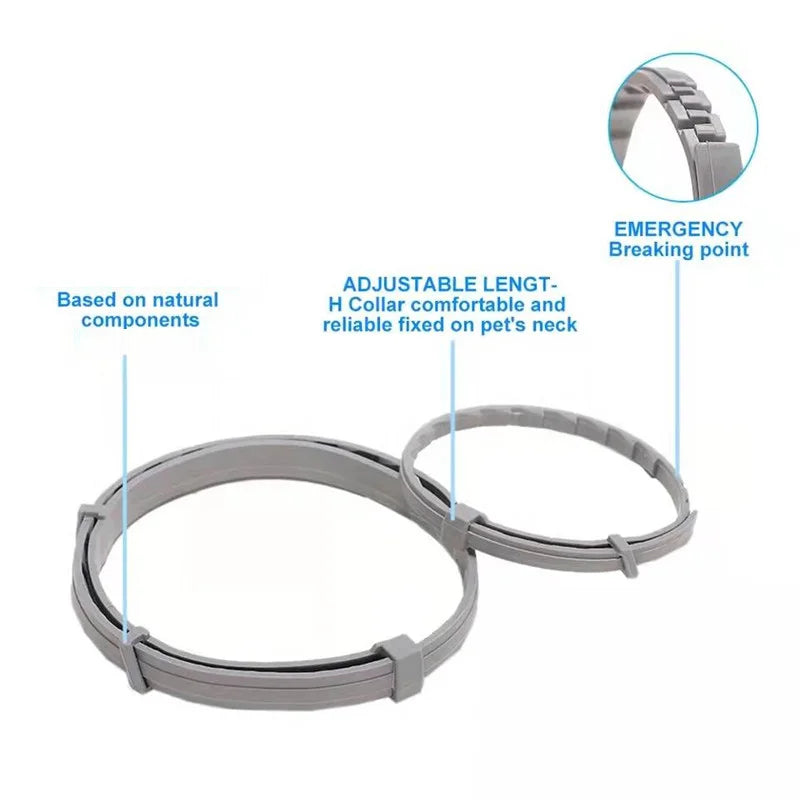 A gray adjustable silicone pet collar for small dogs, puppies, and cats, showing the collar and emergency breaking point.