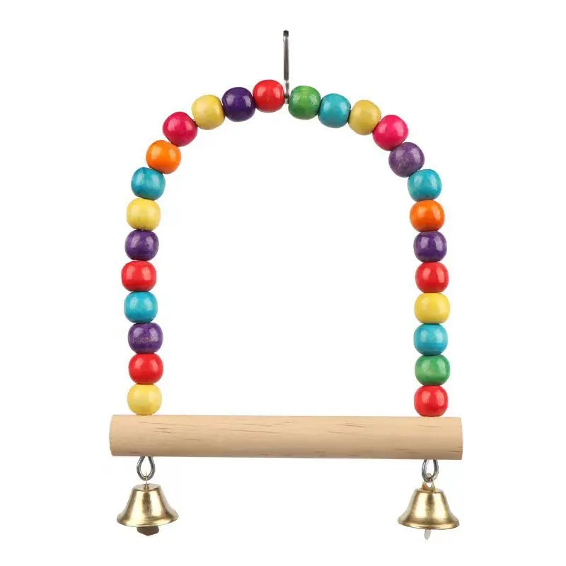 A wooden bird swing featuring colorful glass balls and hanging bells.