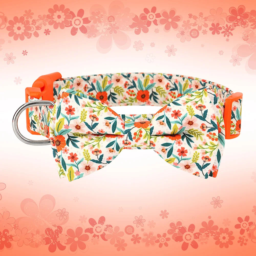 Floral nylon dog collar with an adjustable bowknot featuring a colorful floral pattern.