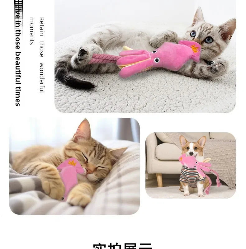 A kitten plays with a pink squeaky octopus dog toy featuring a cotton rope tail.