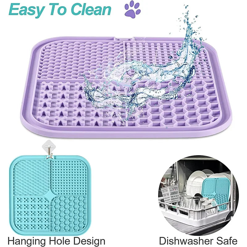 Purple silicone dog licking mat featuring a hanging hole design and dishwasher safe for pet use