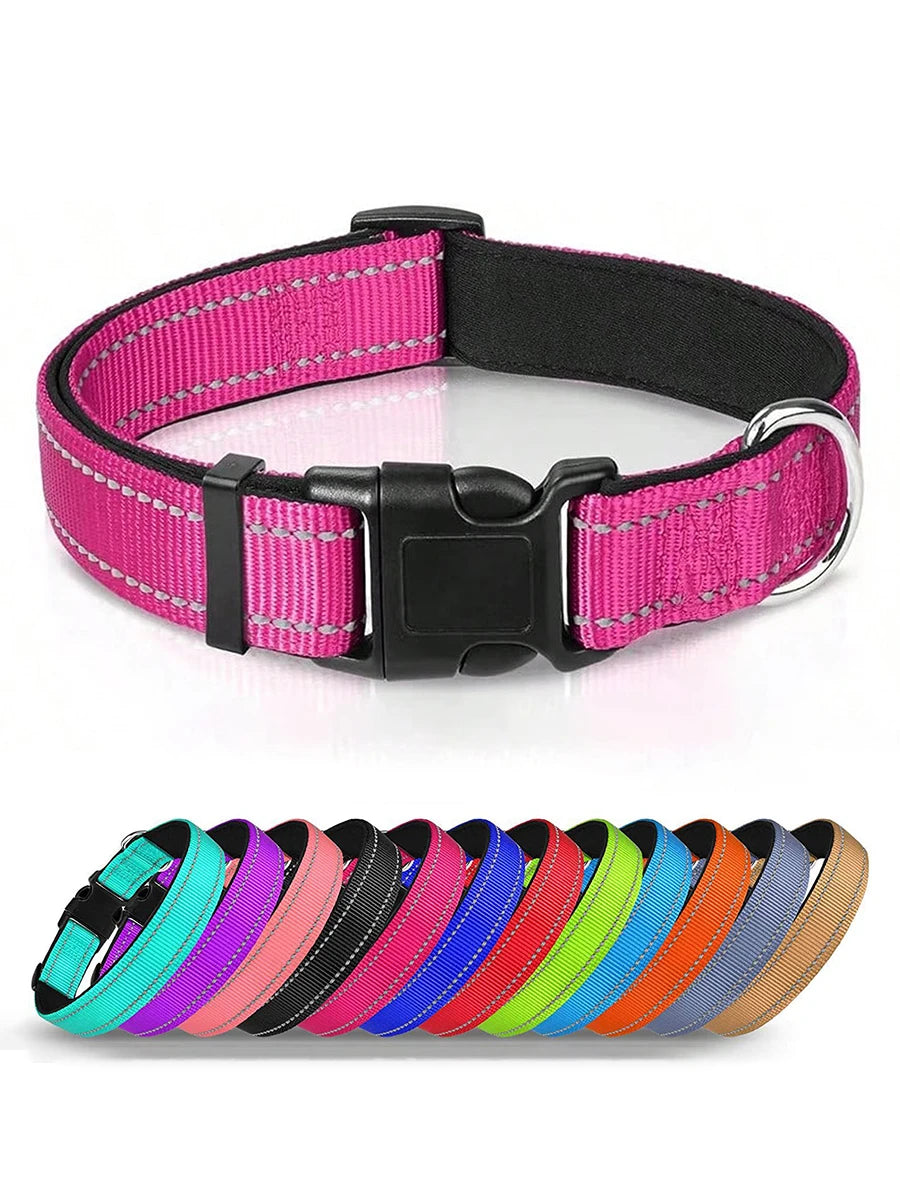 A pink padded dog collar with safety stripes and a black buckle is shown against a white background.