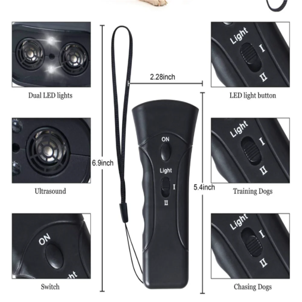 Dispositivo de repulsión de árboles ultrasónico y láser negro con componentes como luces LED y un interruptor.