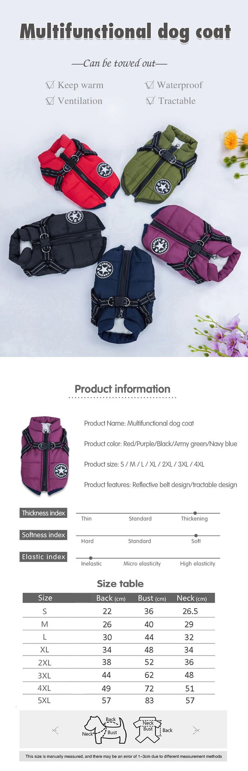 Colección de colores de chaquetas y arneses multifuncionales para perros, como rojo, verde, morado y azul marino.