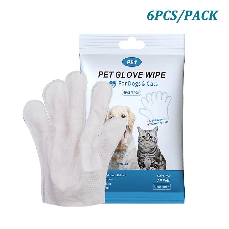 A pack of six pet glove wipes for dogs and cats is shown in a white package.
