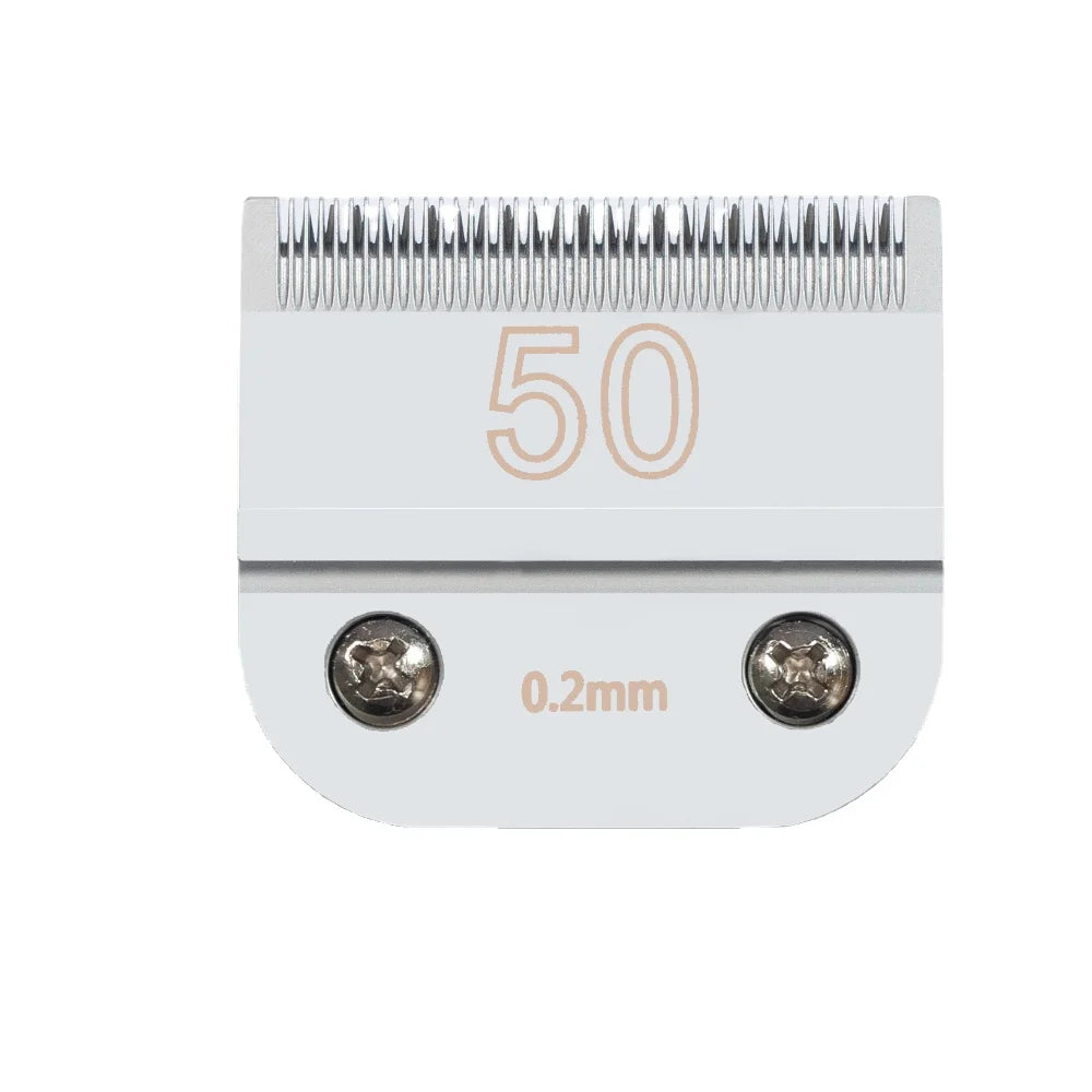 A close-up view of a professional detachable dog grooming clipper blade with the number 50 marked on it.