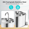 A close-up view of a stainless steel pet water fountain with a faucet and a separate container.