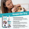 A woman is applying a powder to a dog's ear while the product packaging is displayed.