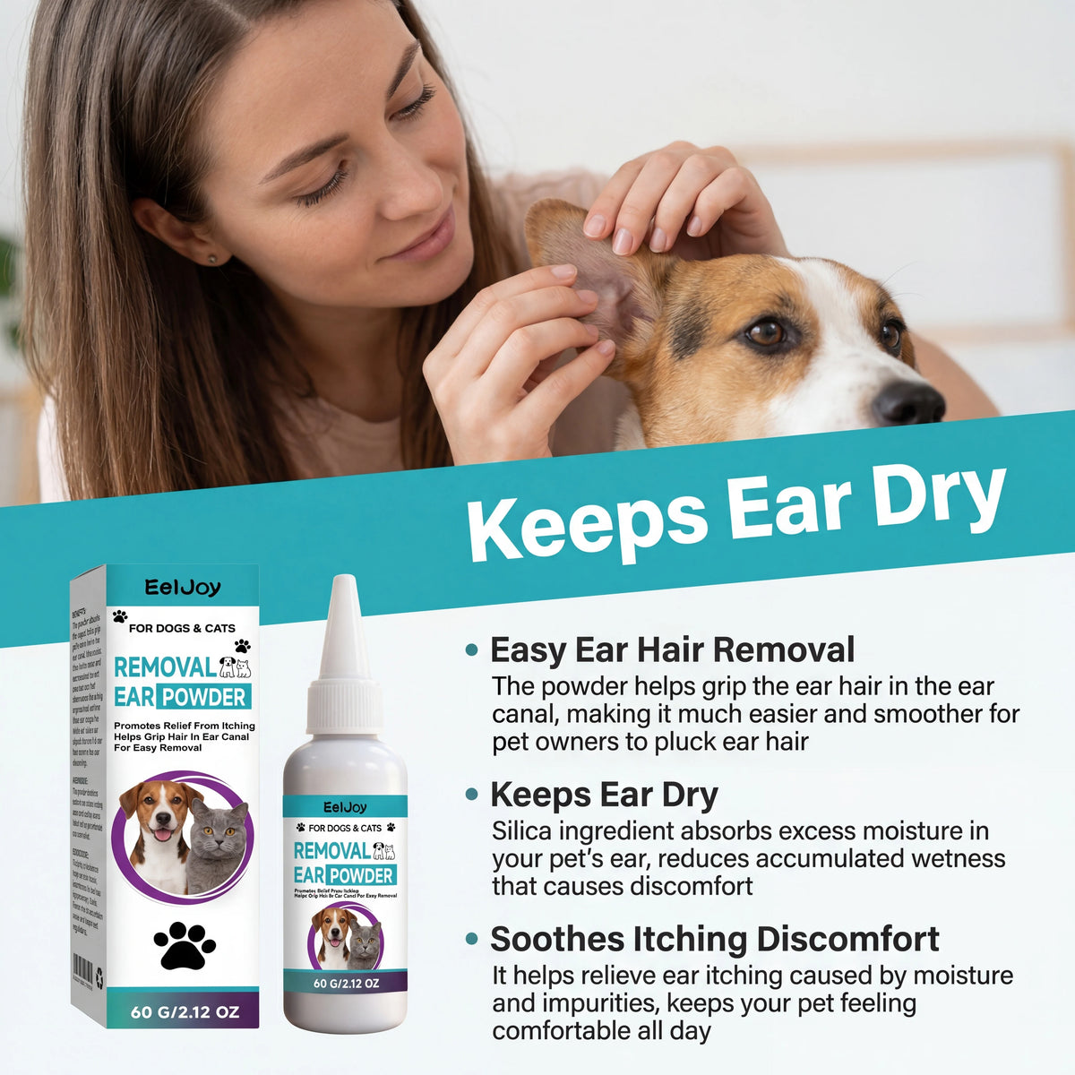 A woman is applying a powder to a dog's ear while the product packaging is displayed.